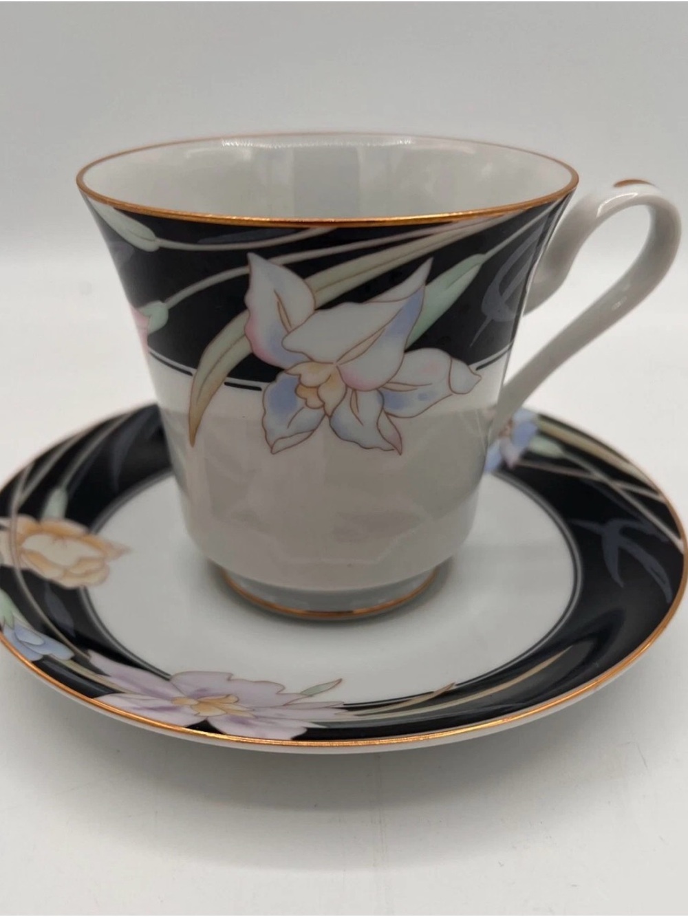 Mikasa Black and Gold Floral Porcelain Teacup and Saucer
